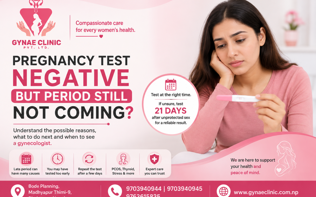 Pregnancy test negative but period is late explained by Gynae Clinic Bhaktapur