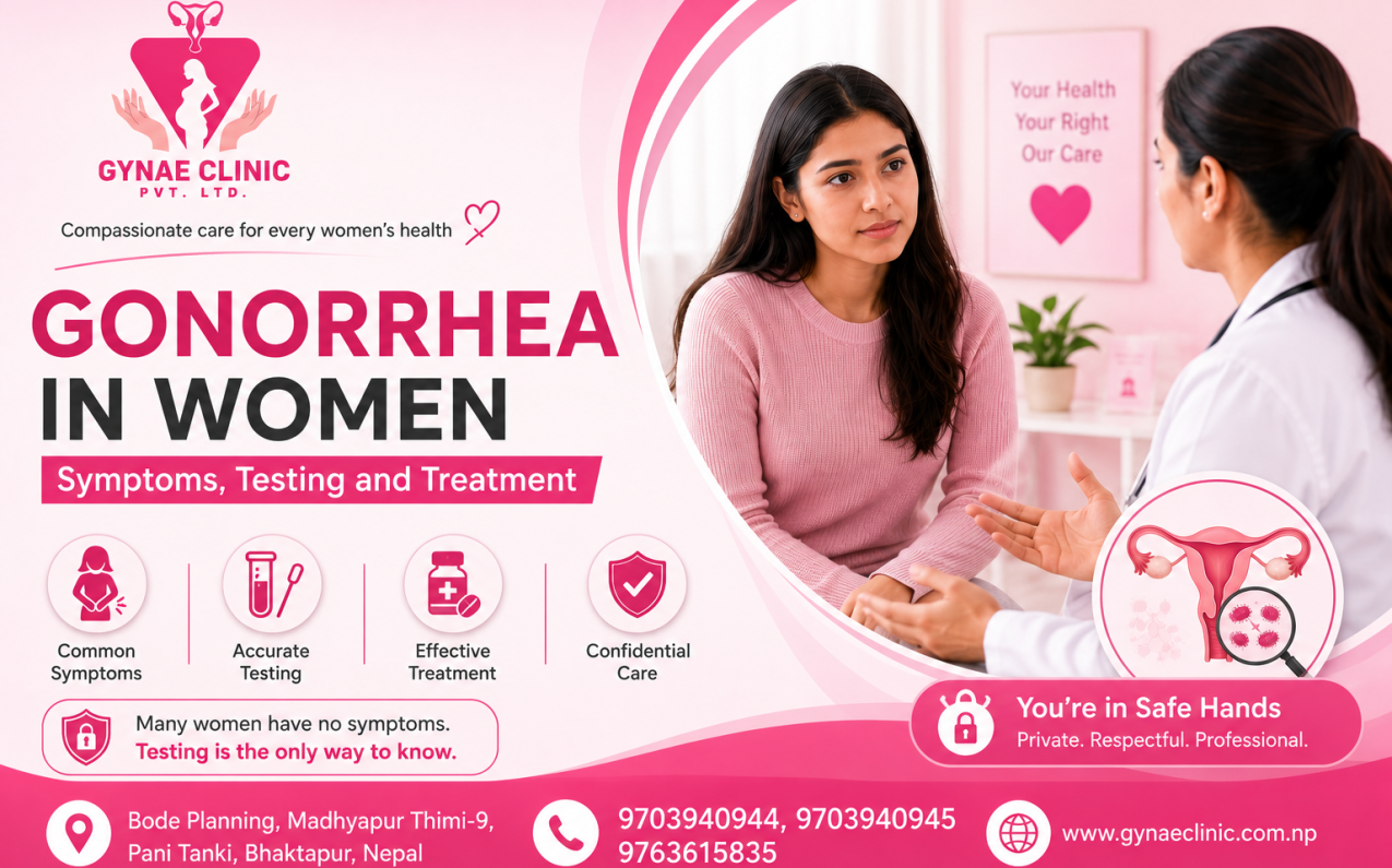 Woman receiving confidential gonorrhea testing and sexual health consultation in Bhaktapur