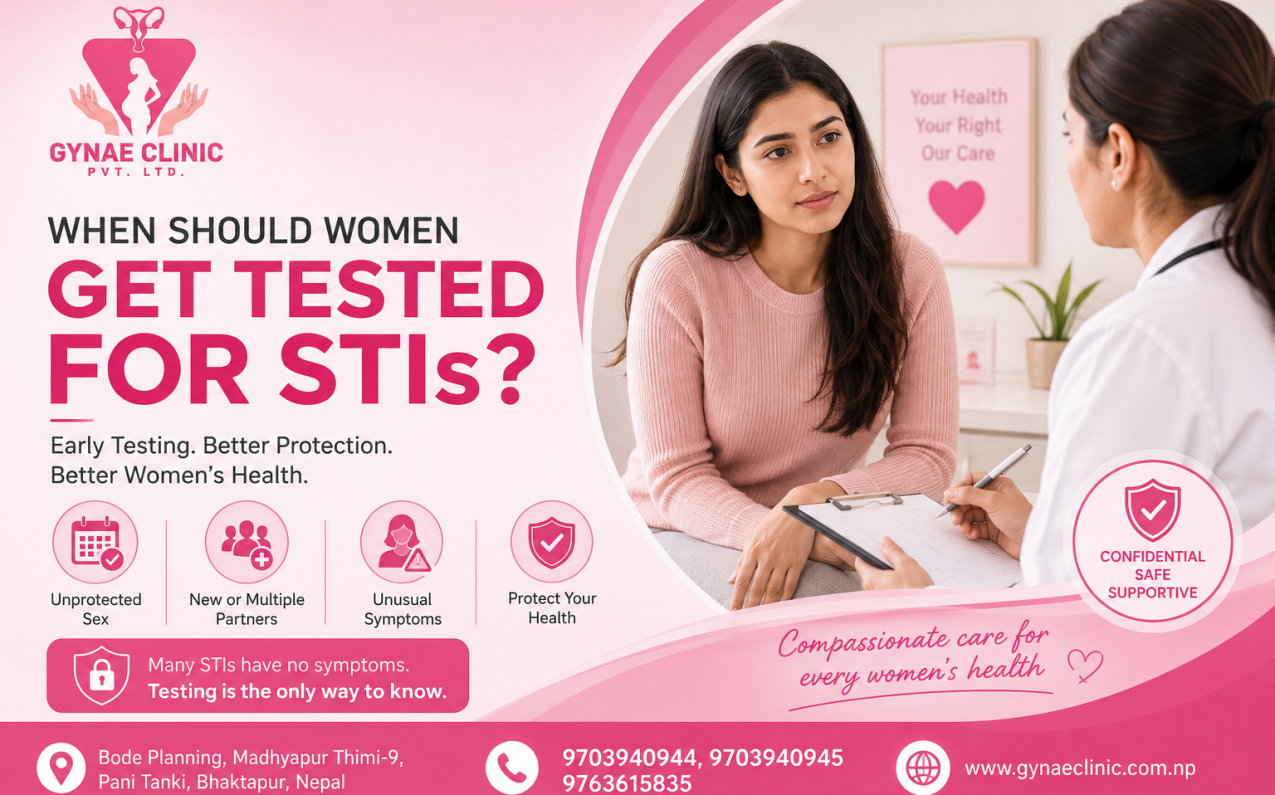 Woman receiving confidential STI testing consultation from a gynecology professional in Bhaktapur